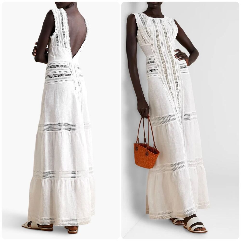 Miguelina Calista Crocheted Lace-Trimmed Maxi Dress Sz S